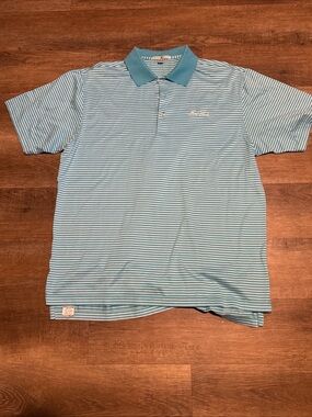 Peter millar Men's Light Blue Striped Polo Shirt Sea Island logo 100 cotton